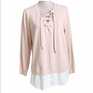 Calvin Klein Lace Up Faux Layered Top Sweatshirt Sweater Medium Blush Pink White